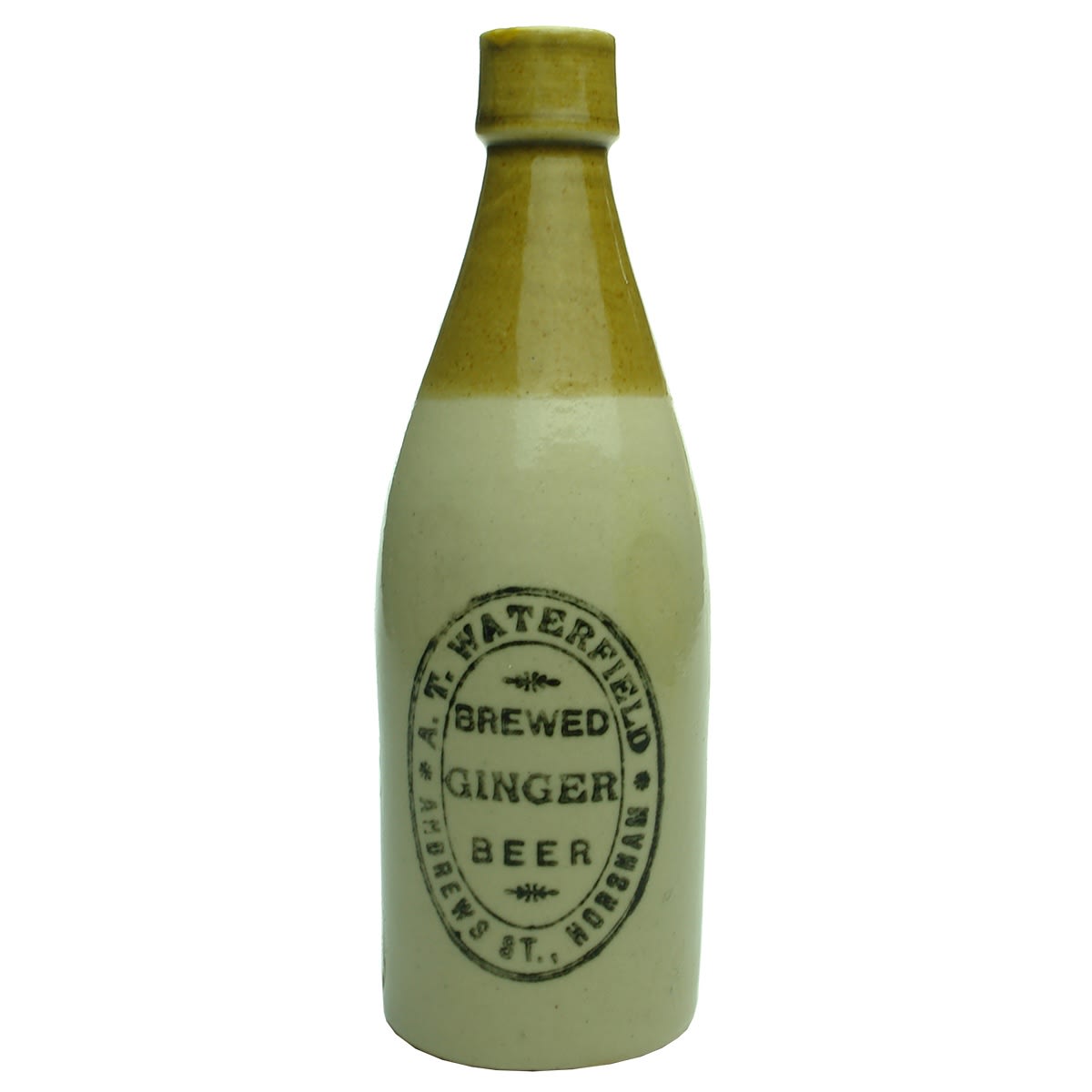 Ginger Beer. A. T. Waterfield, Andrews St., Horsham. Bendigo Pottery. Champagne. Long cork top. (Victoria)