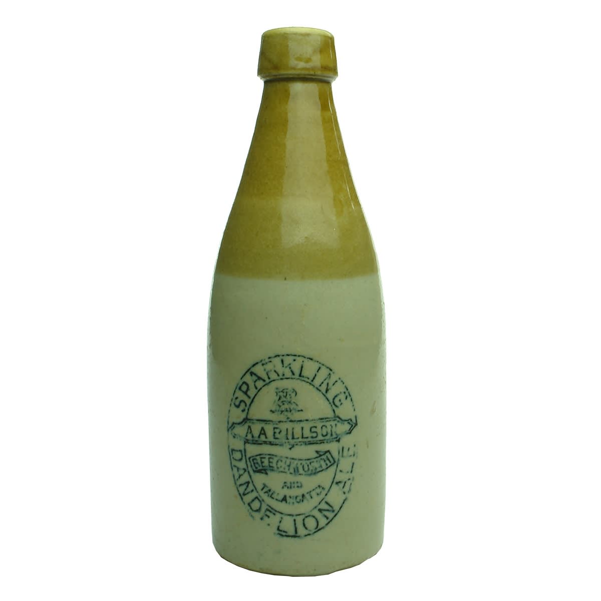 Ginger Beer. A. A. Billson, Beechworth & Tallangatta. Dandelion Ale. Large Bendigo Pottery Co Ltd stamp. (Victoria)
