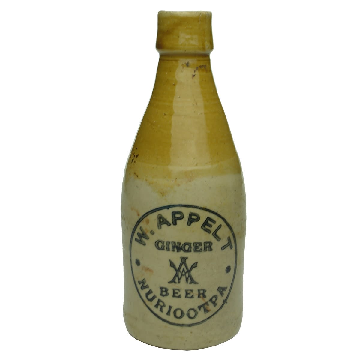 Ginger Beer. W. Appelt, Nuriootpa. Bendigo pottery. Cork stopper. Champagne. Tan top. (South Australia)