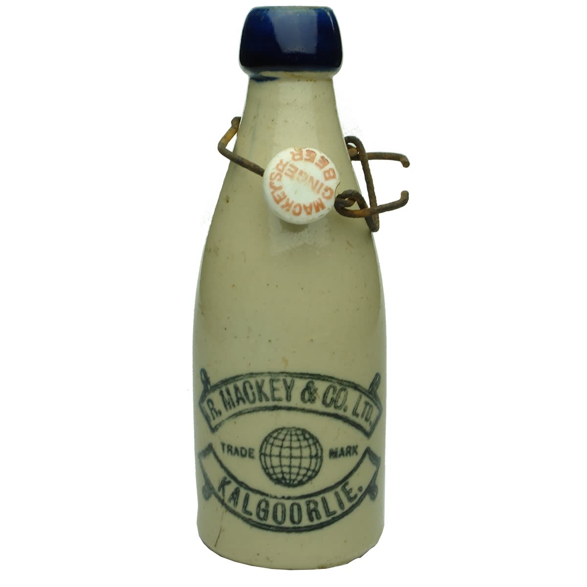 Ginger Beer. R. Mackey & Co. Ltd. Kalgoorlie. Globe. Blue Lip. Mackey's Ginger Beer stopper. Price Powell & Co Potters. (Western Australia)