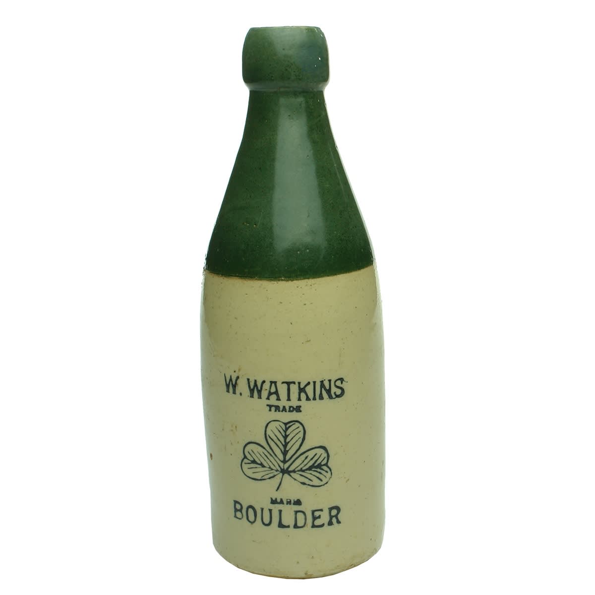 Ginger Beer. W. Watkins, Boulder. Sharmock. No potters stamp. Green Top. Champagne. (Western Australia)
