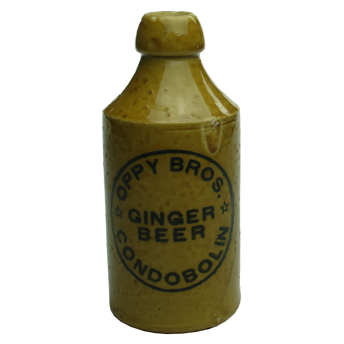 Ginger Beer. Oppy Bros., Condobolin. R. Fowler potter 1913 stamp. All Tan. Blob top. (New South Wales)