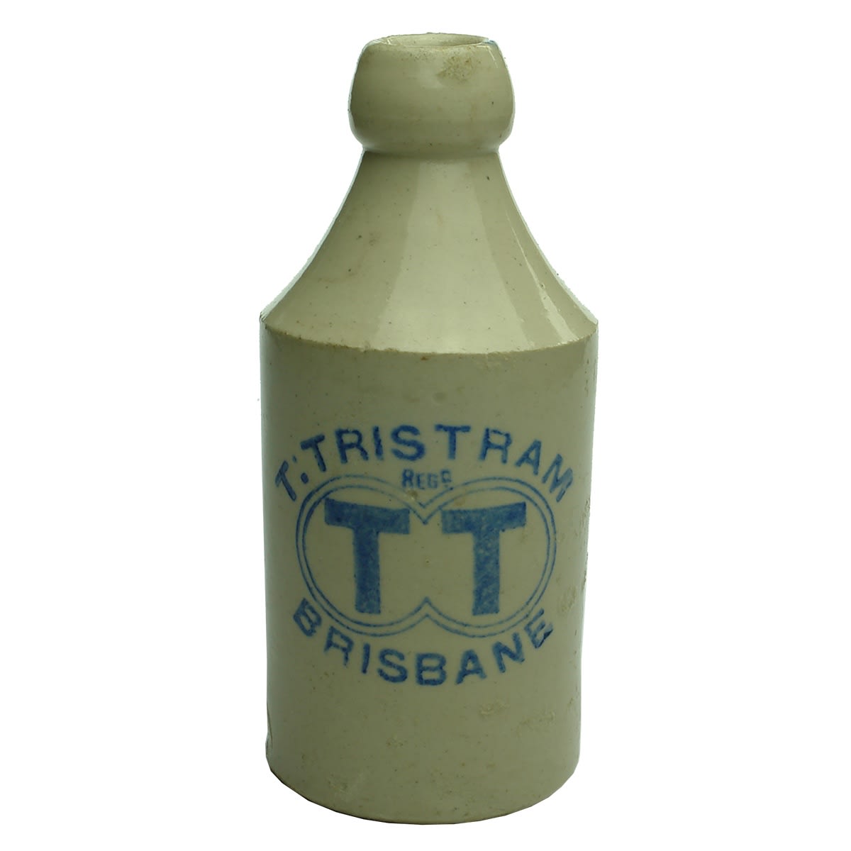 Ginger Beer. T. Tristram, Brisbane. Dump. Mauri Bros & Thomson Pinnacle stamp. All White. Blue Print to body. 10 oz. (Queensland)