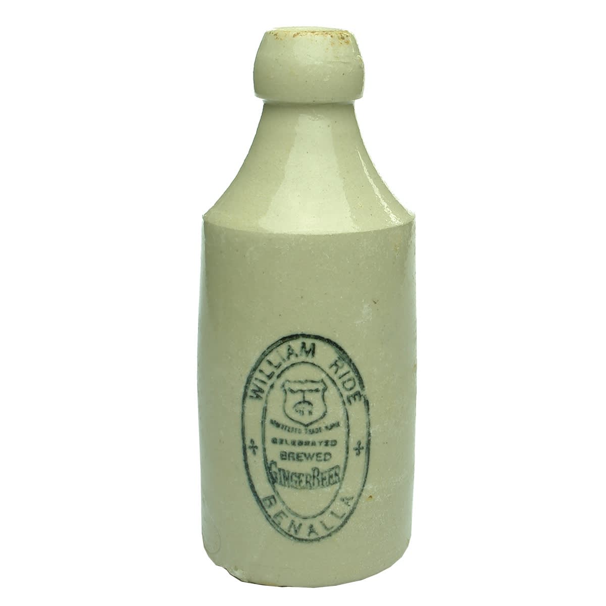 Ginger Beer. William Ride, Benalla. Dump. All White. Big Size. Bendigo Pottery. (Victoria)