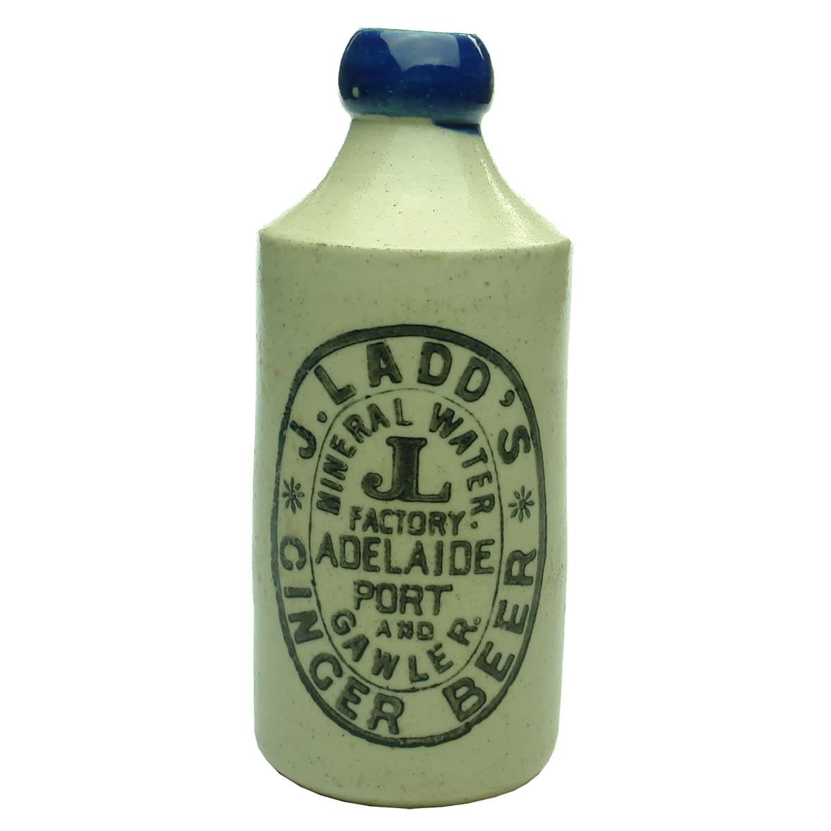 Ginger Beer. J. Ladd's, Adelaide, Port and Gawler. Cork stopper. Blue Lip. Mauri Bros & Thomson. 10 oz. (South Australia)