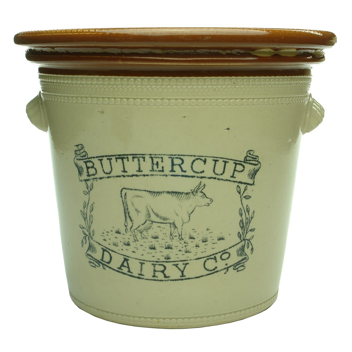 Large Butter Jar: Buttercup Dairy Co. 5 LB. Buchan Portobello Pottery. Tan top. Handled jar. (UK)