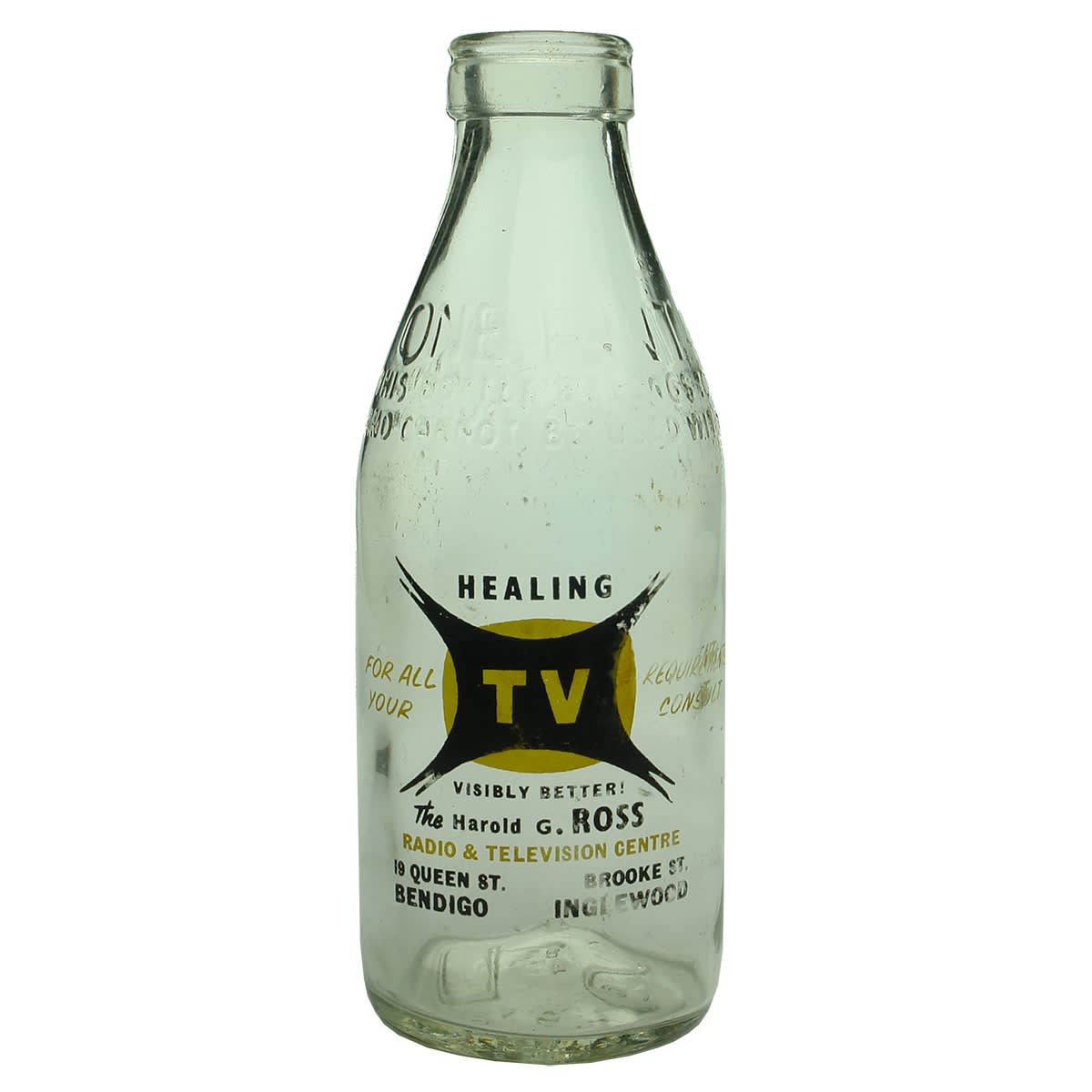 Ceramic Label Advertising Milk. Sandhurst Dairies. Harold G. Ross Radio & Television Centre. Bendigo & Inglewood. Healing TV. (Victoria)