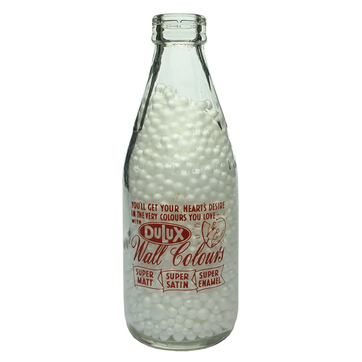 Ceramic Label Advertising Milk. Dulux Wall Colurs. Super Matt, Super Satin, Super Enamel. Dairy Farmers Bottle. Pint. (New South Wales)
