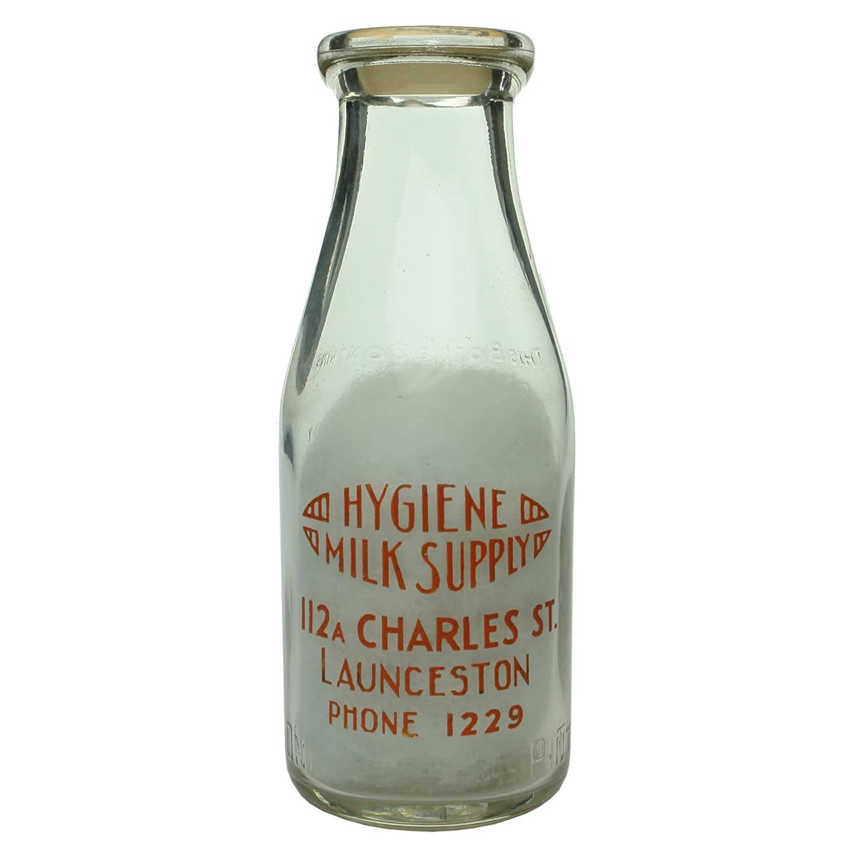 Milk. Hygiene Milk Supply, Charles St. Launceston. K. & B. Thomson, St John St, Launceston. Embossed & Ceramic Label. Base Number: 156. 1 Pint. (Tasmania)