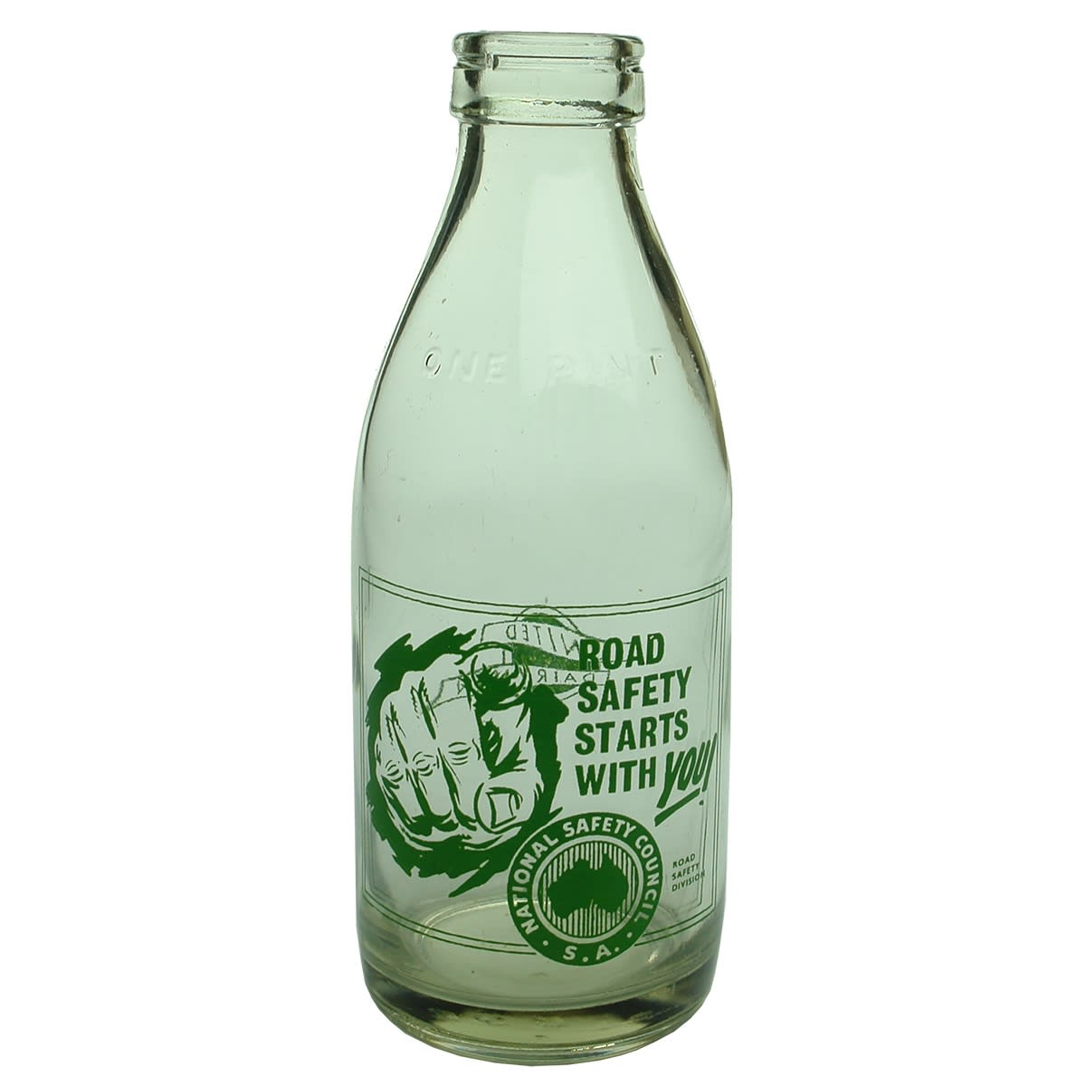 Milk. United Dairymen. National Safety Council, S. A. Road Safety Starts with You. Ceramic Label. 1 Pint. (South Australia)