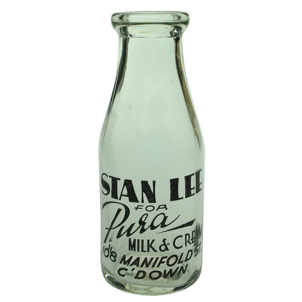 Ceramic Label Milk. Stan Lee for Pura, 108 Manifold St., Camperdown. Pint. (Victoria)