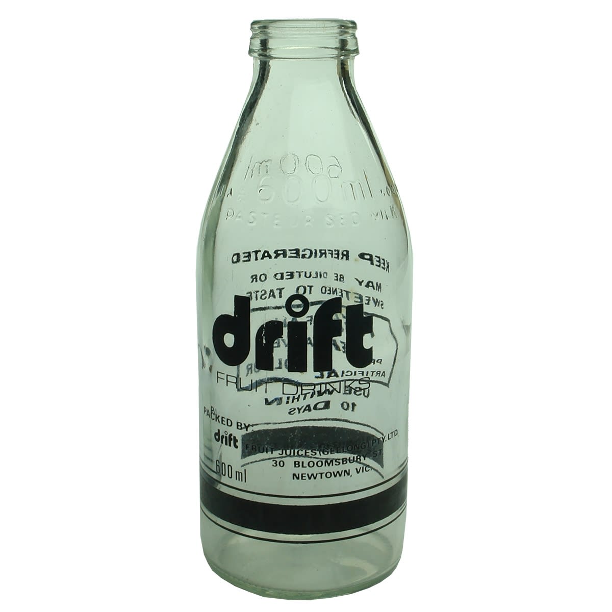 Ceramic Label Fruit Juice on Milk bottle. Drift Fruit Juices (Geelong) Pty Ltd. Bloomsbury St., Newtown. 600 ml. (Victoria)