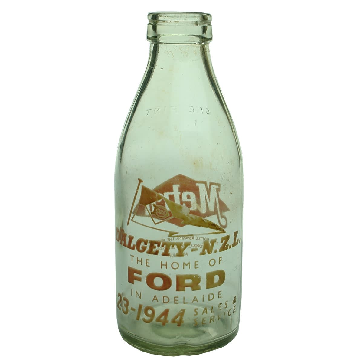 Ceramic Label Advertising Milk. Dalgety-N.Z.L, The Home of Ford in Adelaide. Metropolitan Milk. Foil Top. Ceramic Label. 1 Pint. (South Australia)
