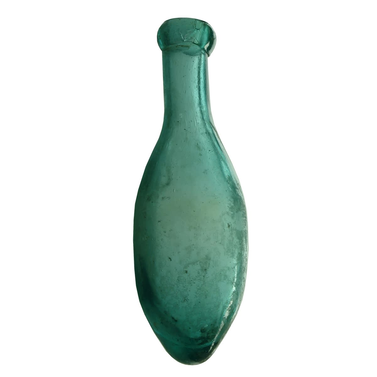 Very small Torpedo Bottle. Only about 4 oz. Blue Aqua. Looks like an Australian glass works but no markings.