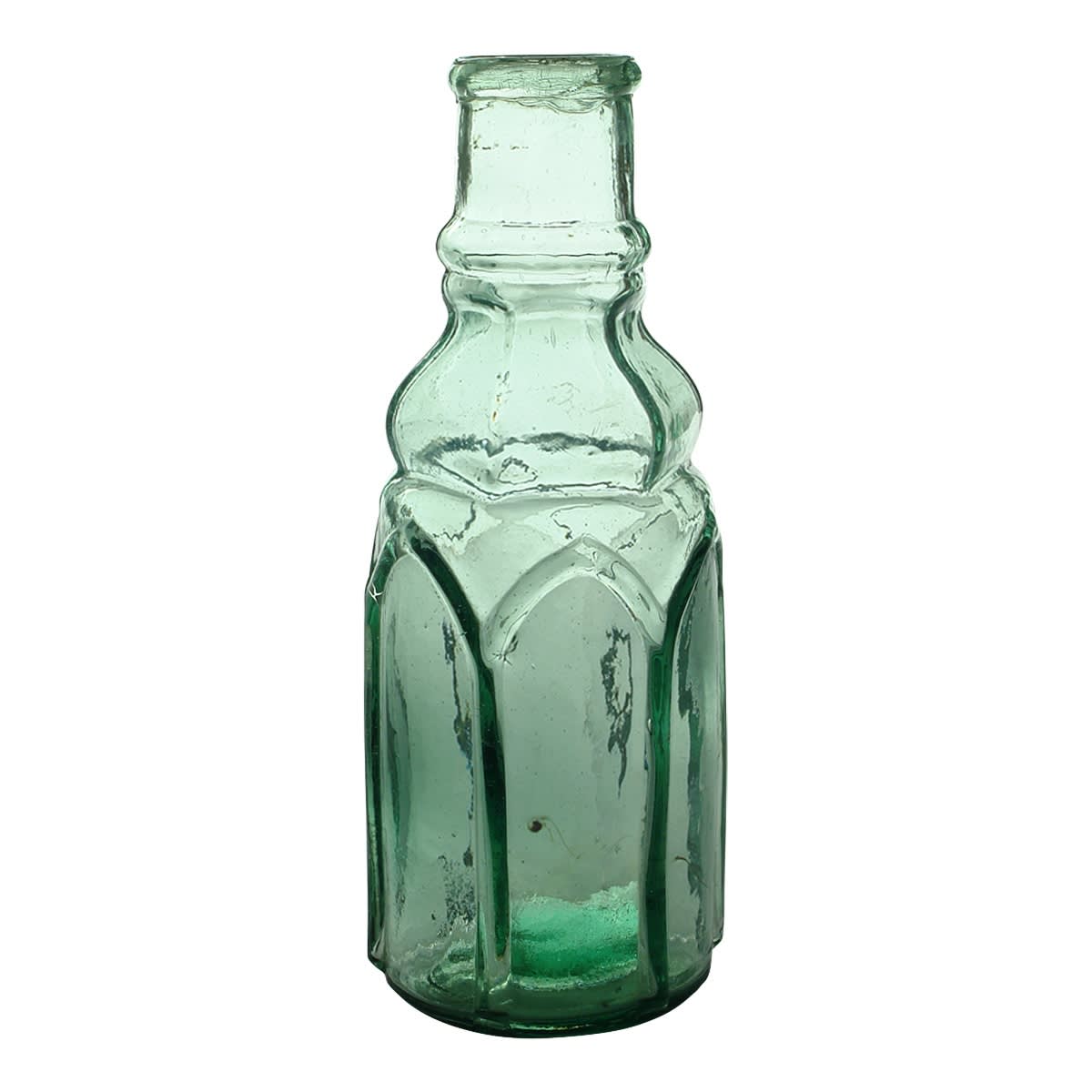 Goldfields. Pickle with gothic arched panels with lobed neck. Aqua. 1 Pint. (United Kingdom) (Late Kingsley Durdin collection)
