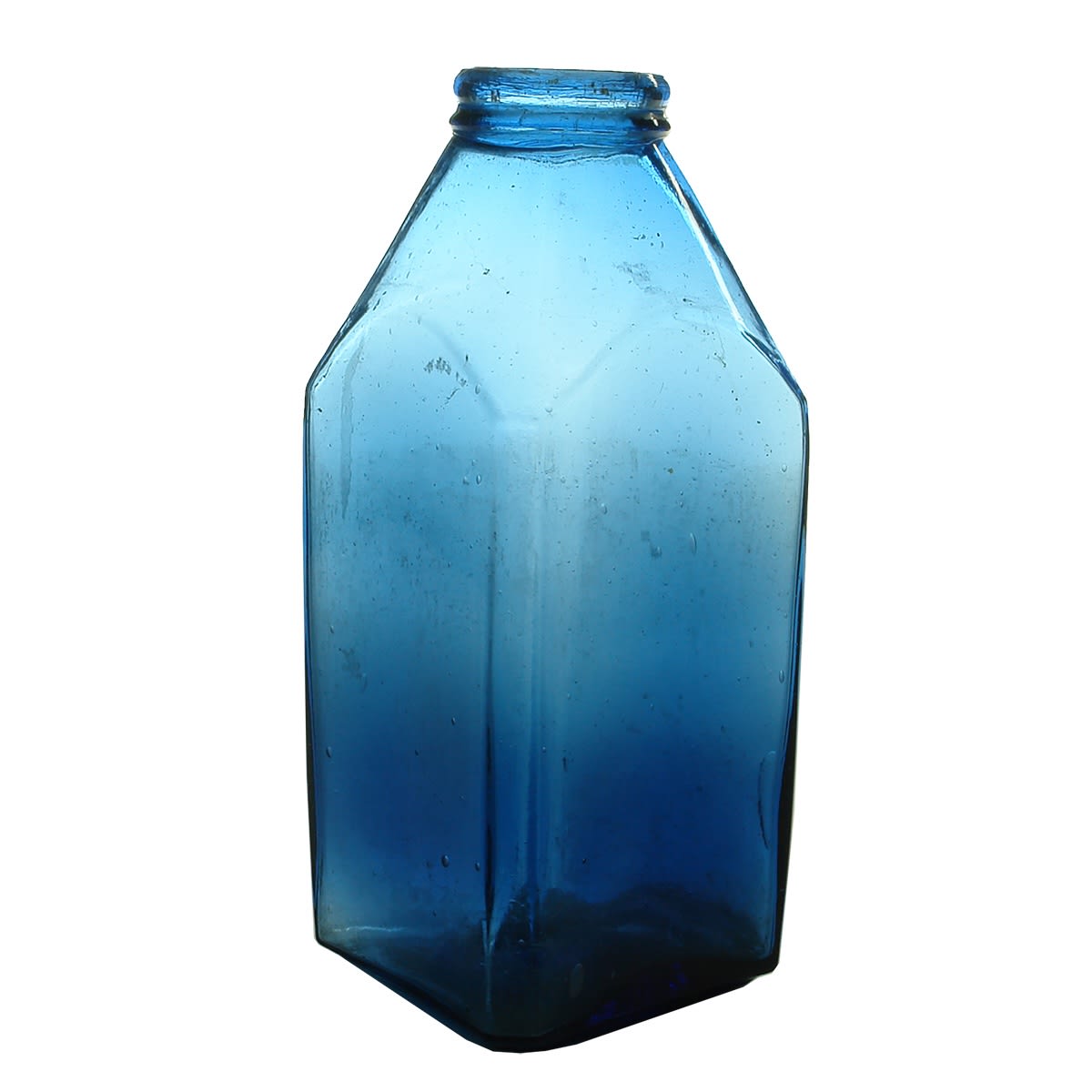 Goldfields. Mid blue square pickle jar. Applied double collar top. No markings.