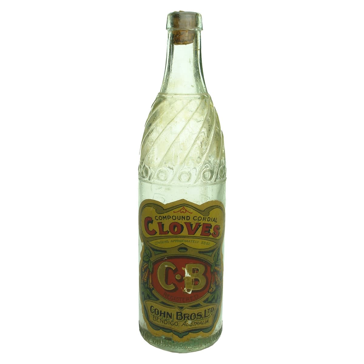 Cordial. Cohn Bros. Ltd. Bendigo. Original Label for Cloves Cordial. Aqua. 25 oz. (Victoria)