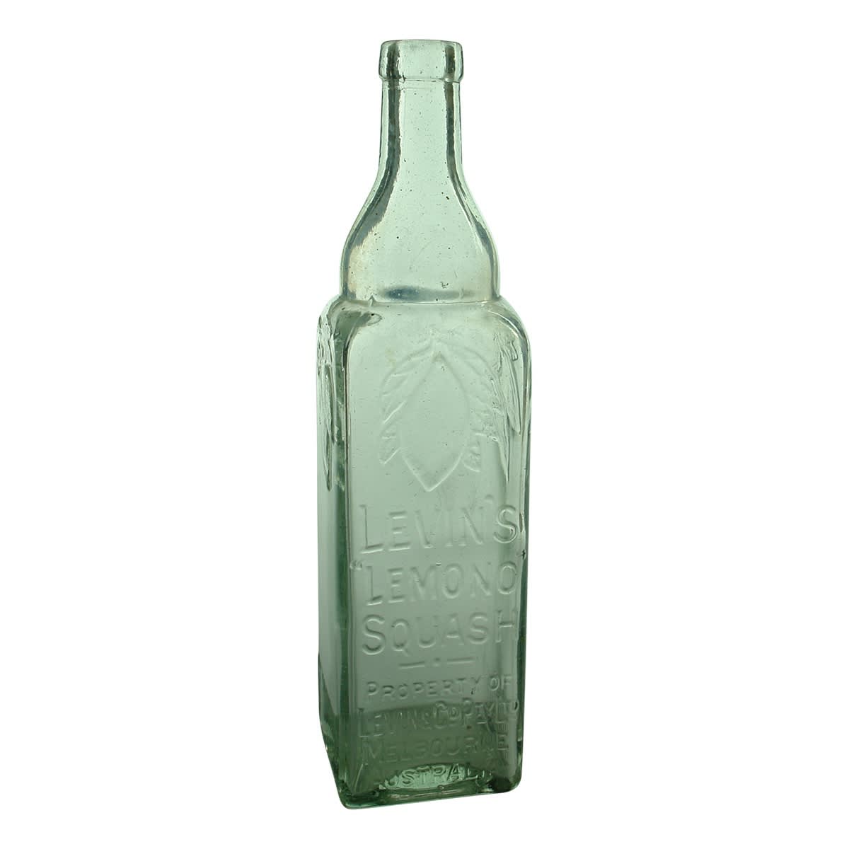 Cordial. Levin's Lemono Squash. Levin & Co Pty Ltd Melbourne. Very pale aqua. 26 oz. (Victoria)