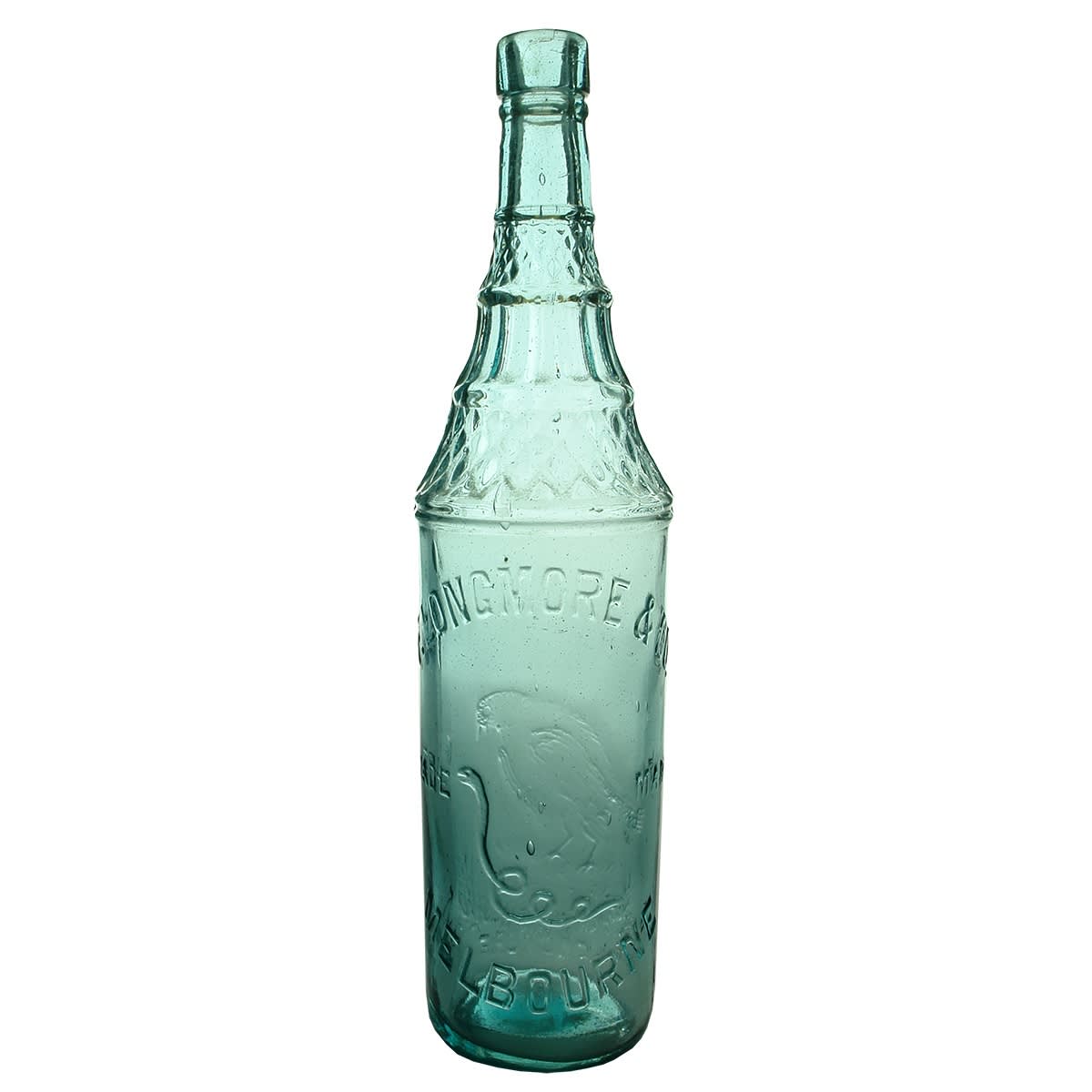 Cordial. F. Longmore & Co., Melbourne. Crow & Snake. White Crow. Blue Aqua. 26 oz. (Victoria)