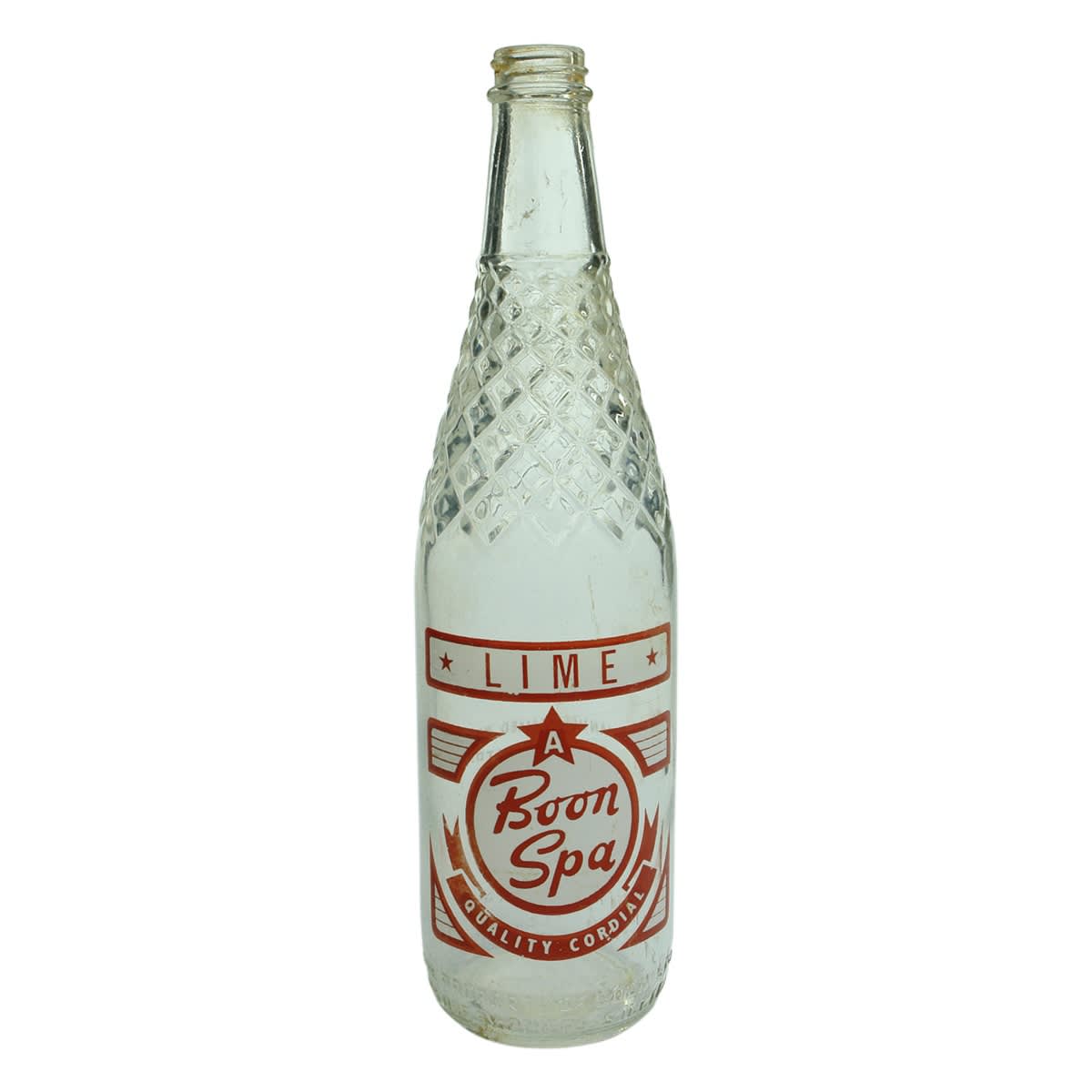 Cordial. Boon Spa, Melbourne. Lime. Red and White print. Screw top. 26 oz. (Victoria)