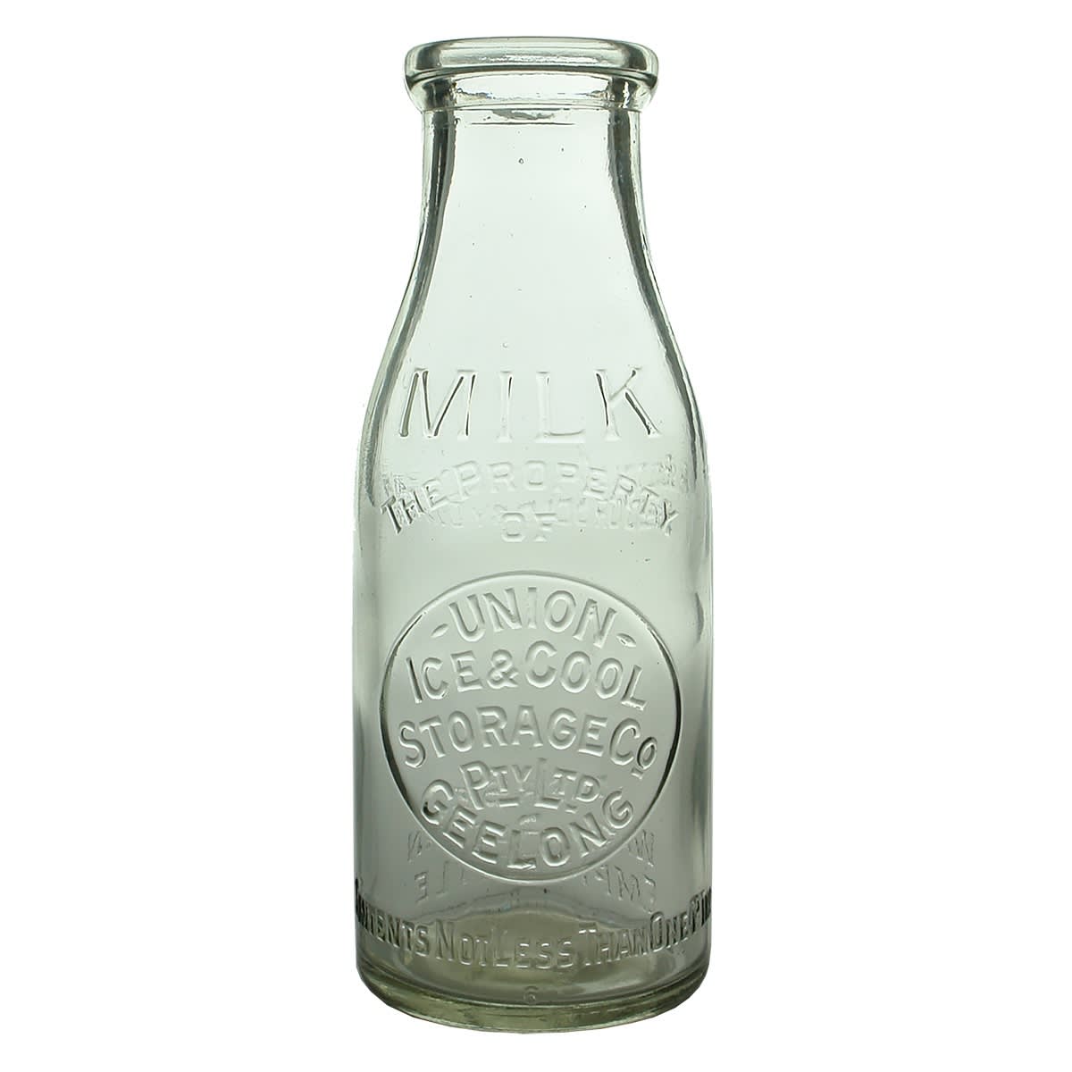 Milk. Union Ice & Cool Storage Co Pty Ltd, Geelong. Pint. Base Number: 21. (Victoria)
