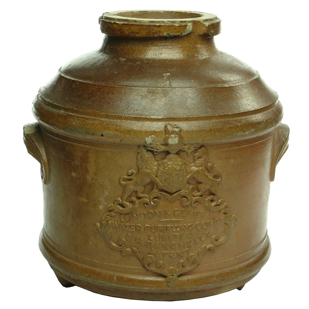 Water Filter. Slab Seal. London & General Water Purifying Company. F. H. Danchell's Patent. Holes made in bottom where the water came out after passing through the filter material inside this container.