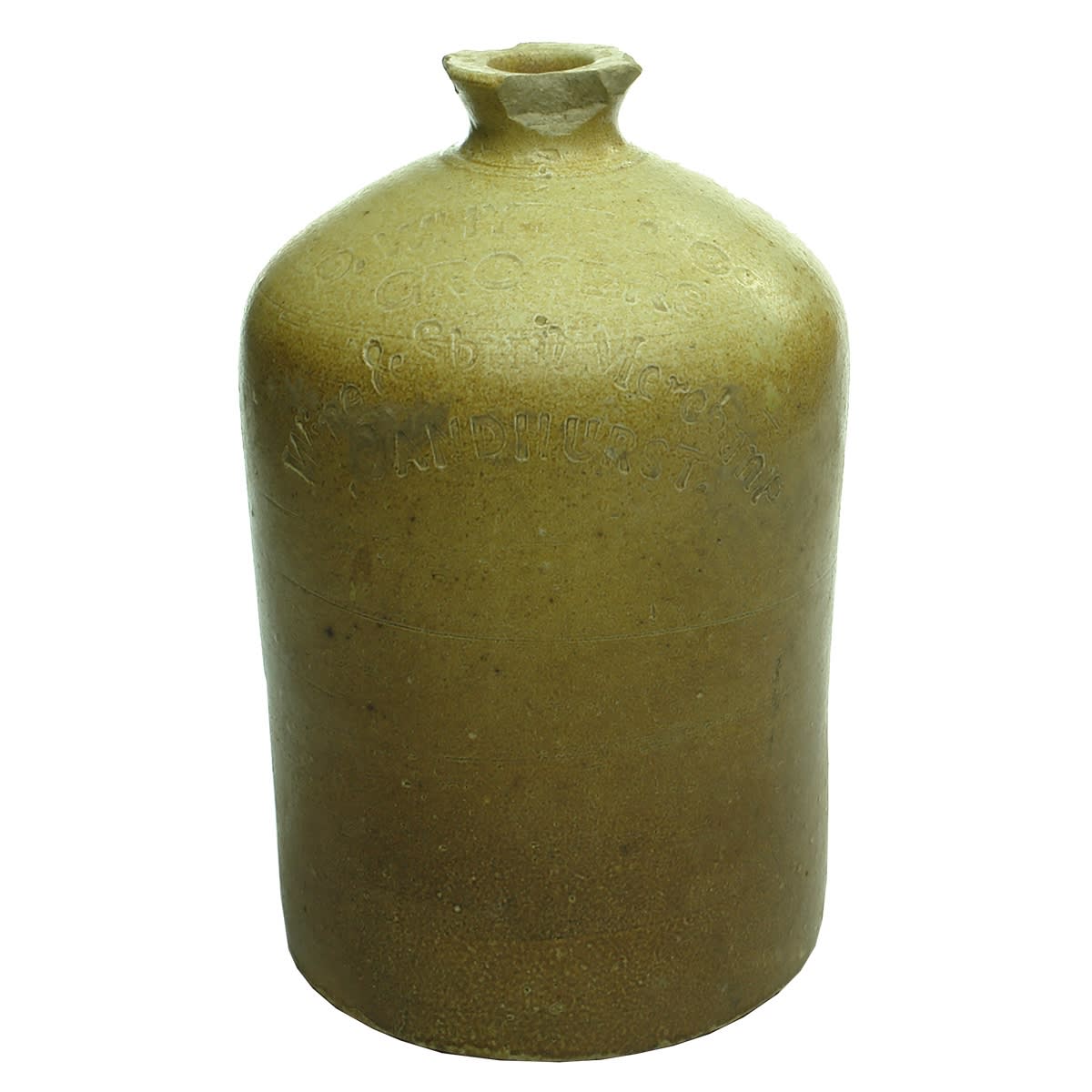 Demijohn. D. Whyte & Co, Grocers, Wine & Spirit Merchant, Sandhurst. Salt Glaze. Half Gallon. (Bendigo, Victoria)