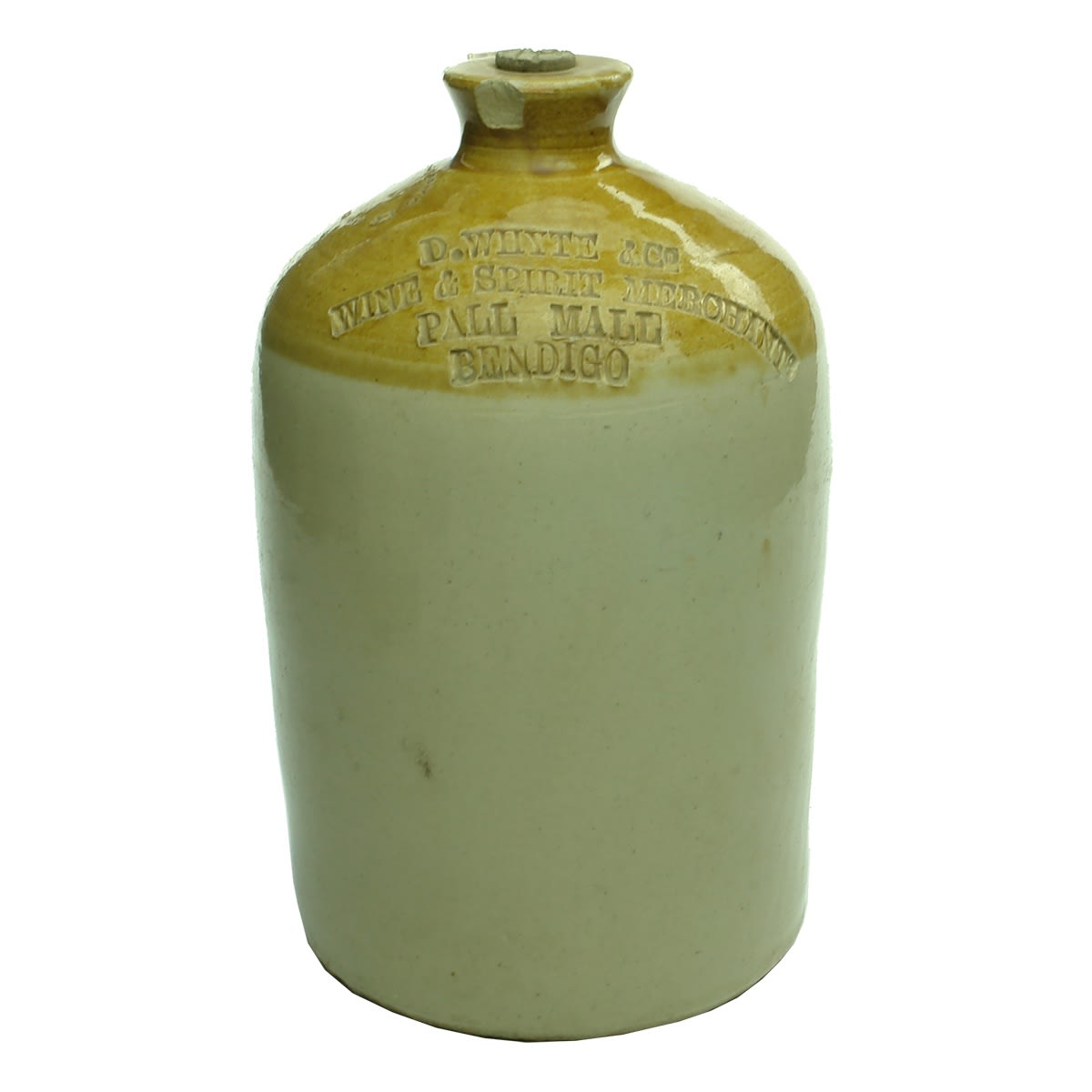 Demijohn. D. Whyte & Co., Wine & Spirit Merchants, Pall Mall, Bendigo. Large Bendigo Pottery Co Ltd stamp. Half Gallon. (Victoria)