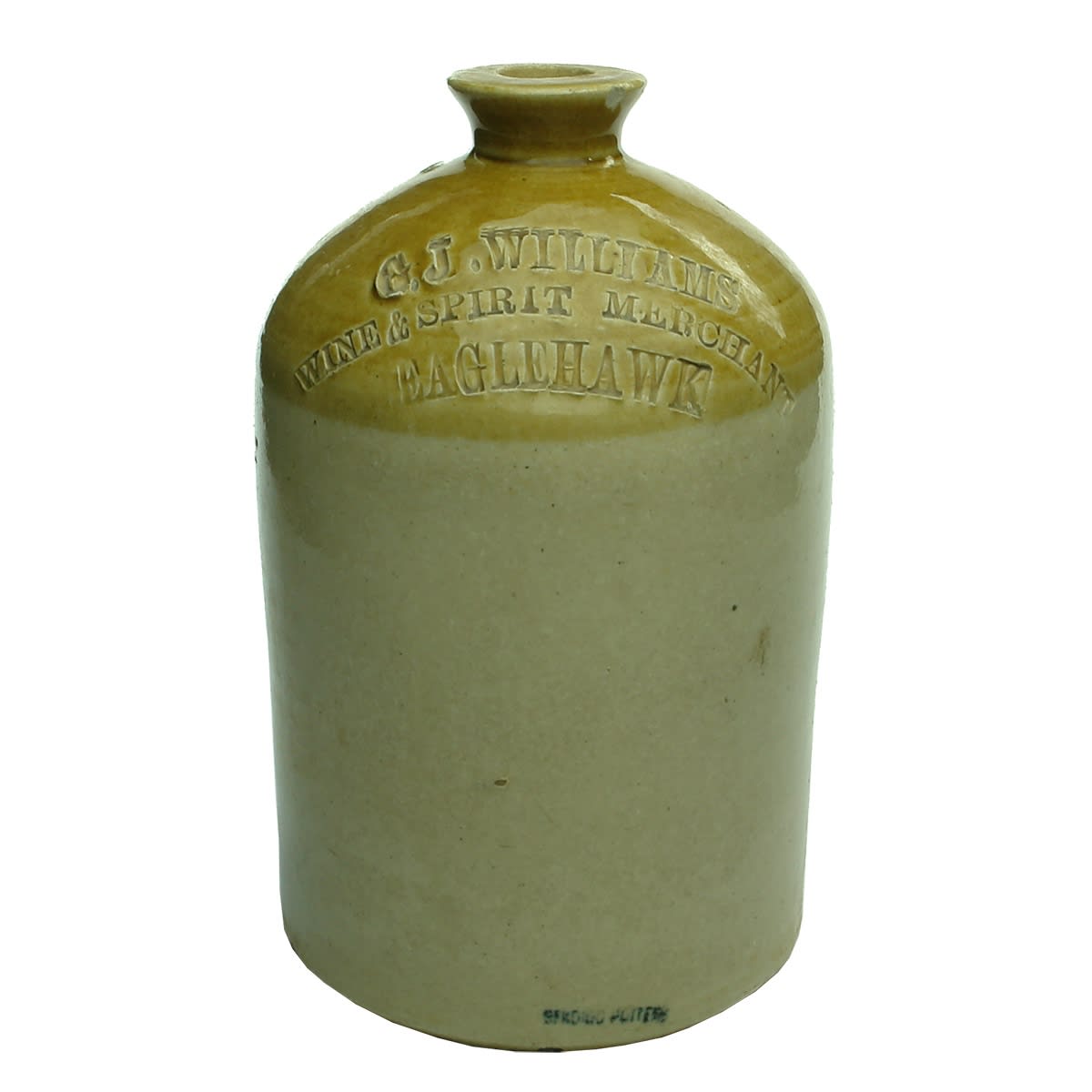 Demijohn. G. J. Williams, Wine & Spirit Merchant, Eaglehawk. Bendigo Pottery ink stamp. Half Gallon. (Victoria)