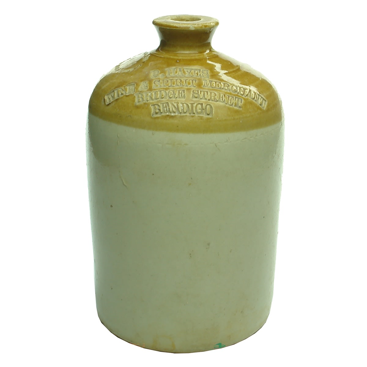 Demijohn. P. Hayes, Wine & Spirit Merchant, Bridge Street, Bendigo. Large Bendigo Pottery Co Ltd stamp. Half Gallon. (Victoria)