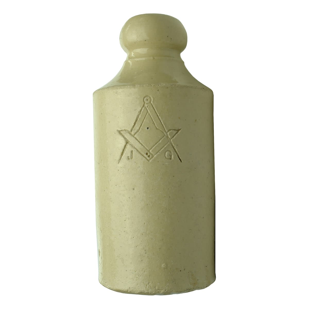 Ginger Beer. John Galloway. Square & Awl. JG. Masonic Symbols impressed stamp. All White. (Sydney, New South Wales)