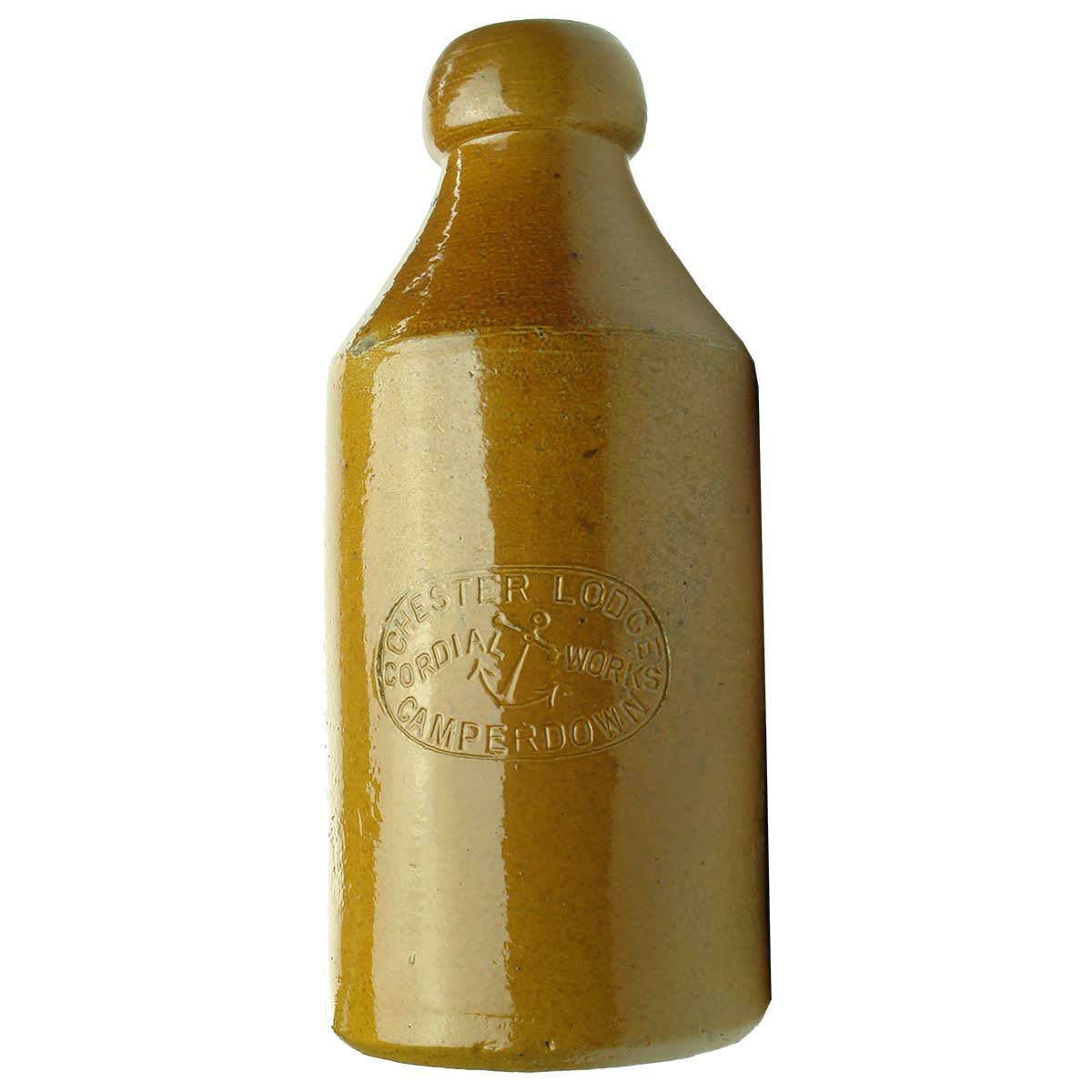 Impressed Ginger Beer. Chester Lodge Cordial Works Camperdown. Anchor. No potters stamp. (New South Wales)