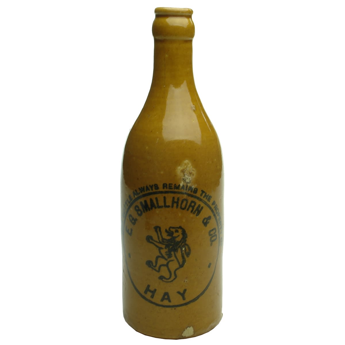 Crown Seal Ginger Beer. E. G. Smallhorn & Co., Hay. Rampant Lion. Mauri Bros & Thomson stamp. (New South Wales)