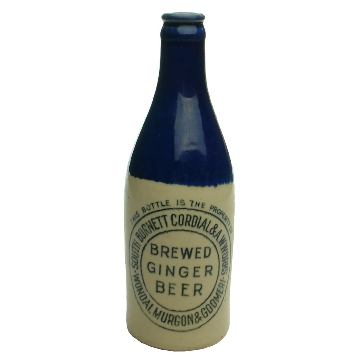 Ginger Beer. South Burnett Cordial & AW Works. Wondai, Murgon & Goomeri. Crown Seal. Blue Top. (Queensland)