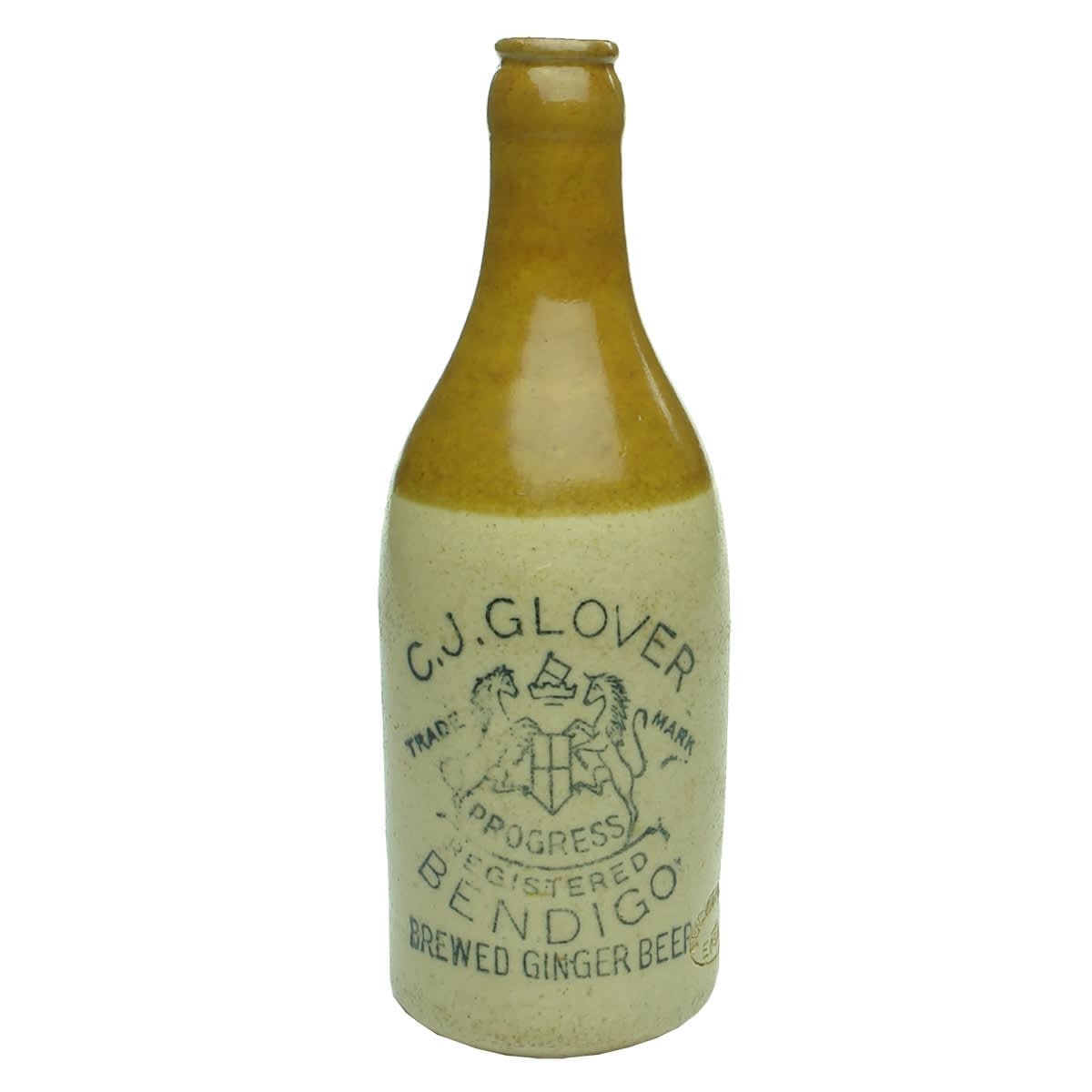 Ginger Beer. C. J. Glover, Bendigo. Coat of Arms. Progress. Crown Seal. Tan Top. Repaired. (Victoria)