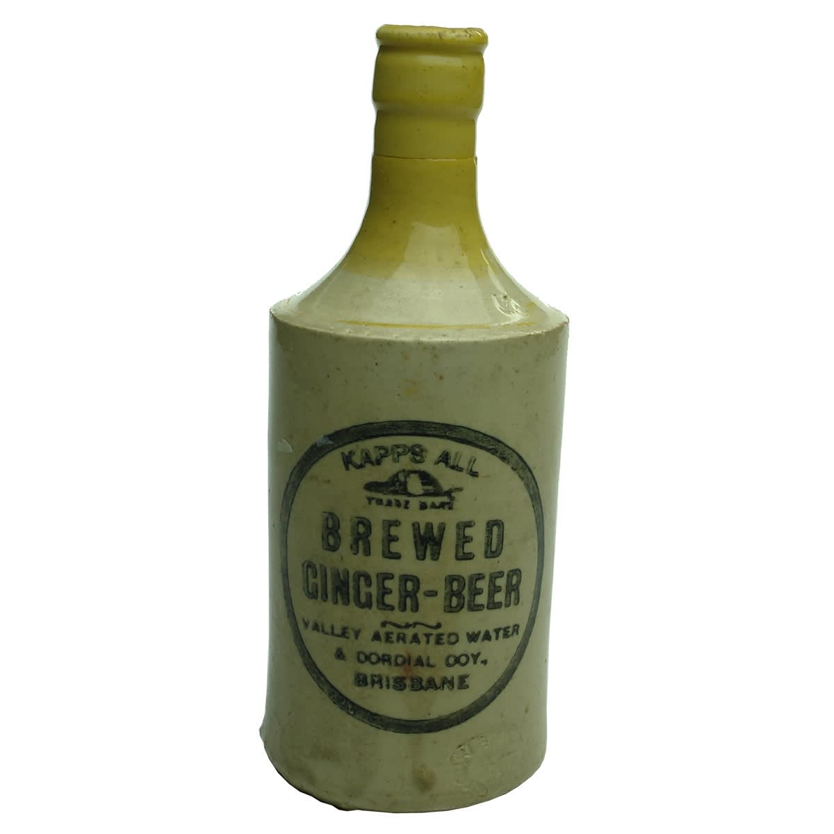 Ginger Beer. Kapps All. Valley Aerated Water & Cordial Coy., Brisbane. Crown Seal. All White. Repaired. (Queensland)