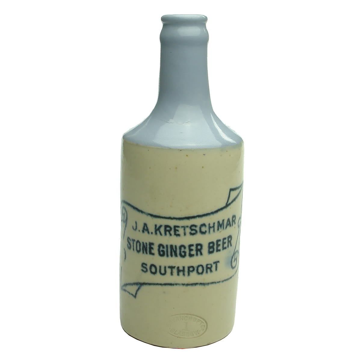 Ginger Beer. J. A. Kretschmar, Southport. Blue top. Crown Seal. Govancroft pottery. (Queensland)