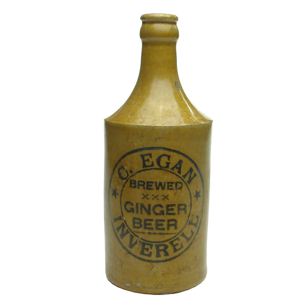 Ginger Beer. C. Egan, Inverell. Brewed. XXX. Mauri Bros & Thomson stamp. Dump. All Tan Crown Seal. (New South Wales)