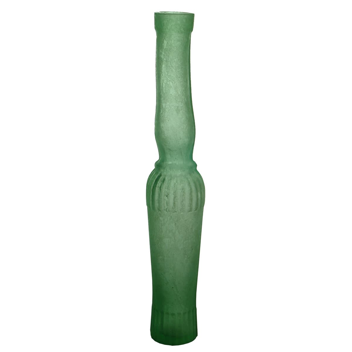 Salad Oil or similar. Long tapered Hourglass shape. Decoration around base and shoulder. Lime Aqua. About 2 oz. Very skinny. 173 mm tall.
