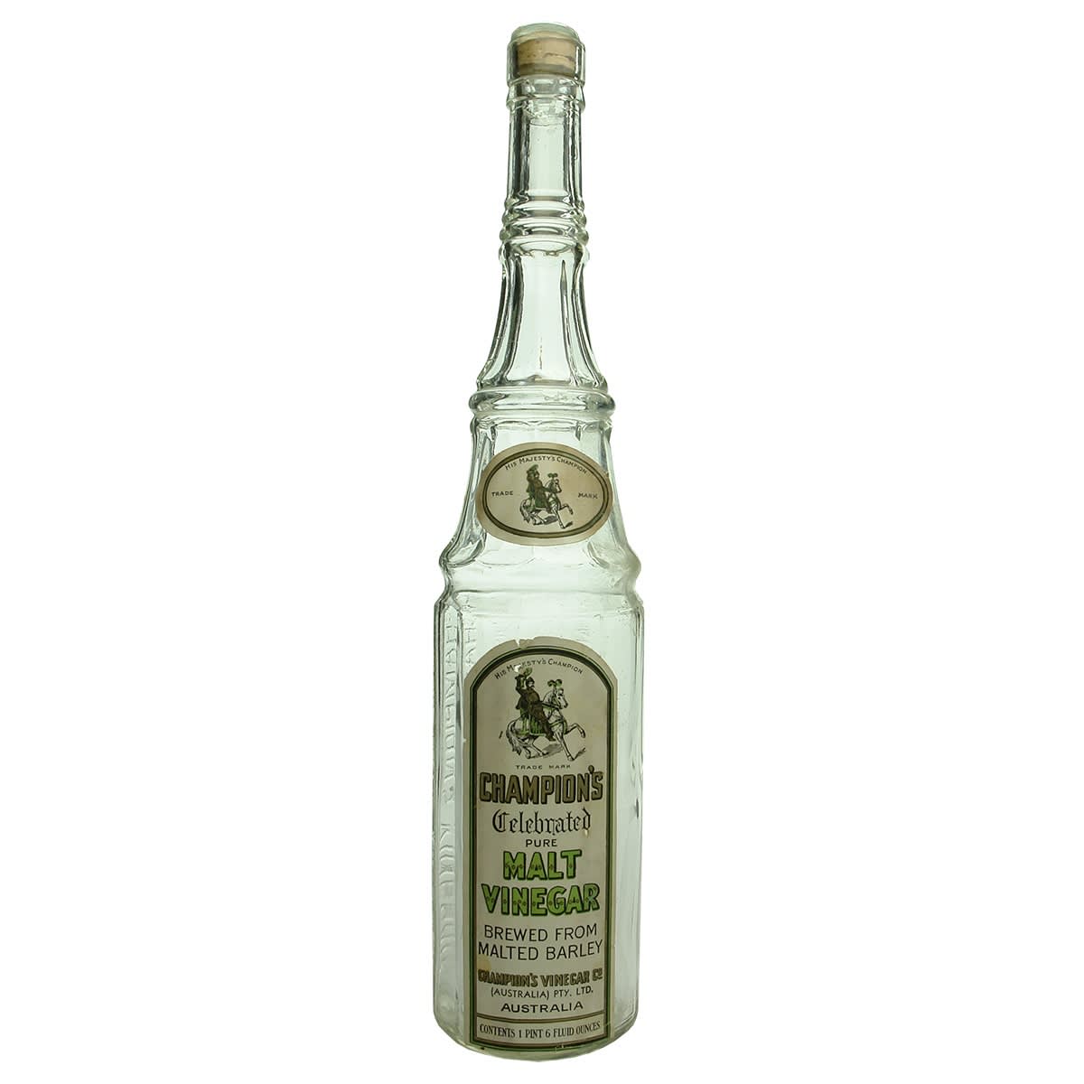 Vinegar. Clear Glass Champion's Vinegar with full labels, stopper and cork.