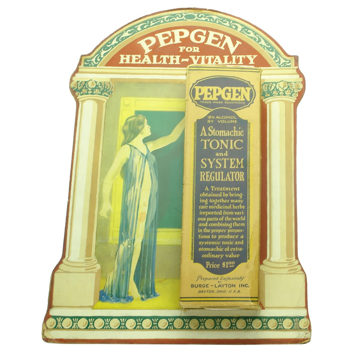 Chemist. Pepgen Stomach Tonic, Burge-Layton Inc., Dayton, Ohio, U. S. A. Counter Top Advertising Cardboard Display Piece.