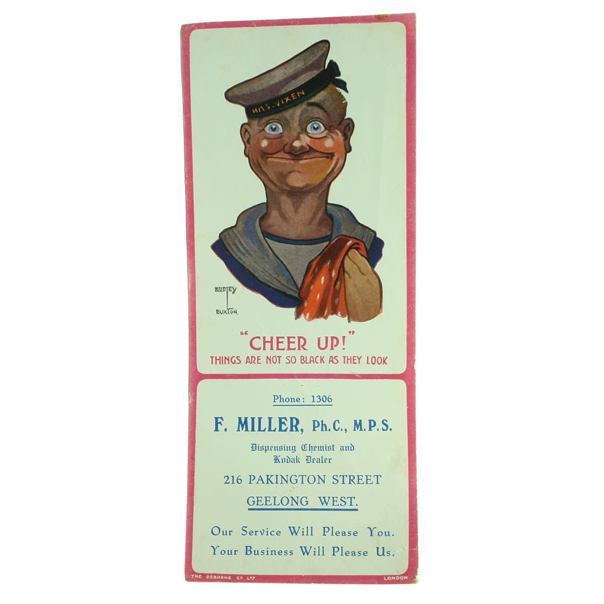 Chemist. F. Miller, Dispensing Chemist and Kodak Dealer, 216 Parkinson Street, Geelong West. Advertising Blotter. (Victoria)