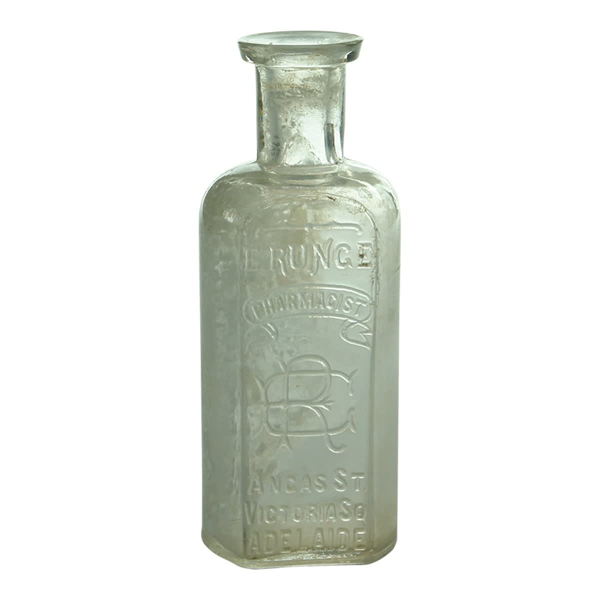 Chemist. E. Runge, Angas St., Victoria Sq.,  Adelaide. Clear. 2 oz. (South Australia)