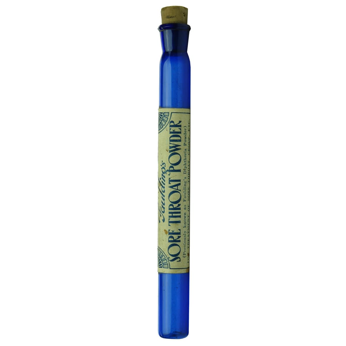 Chemist. Faulding's Sore Throat Powder, Adelaide, Perth, Sydney, Melbourne, Brisbane. Cobalt. Very long, thin cobalt vial with applied top. (South Australia)
