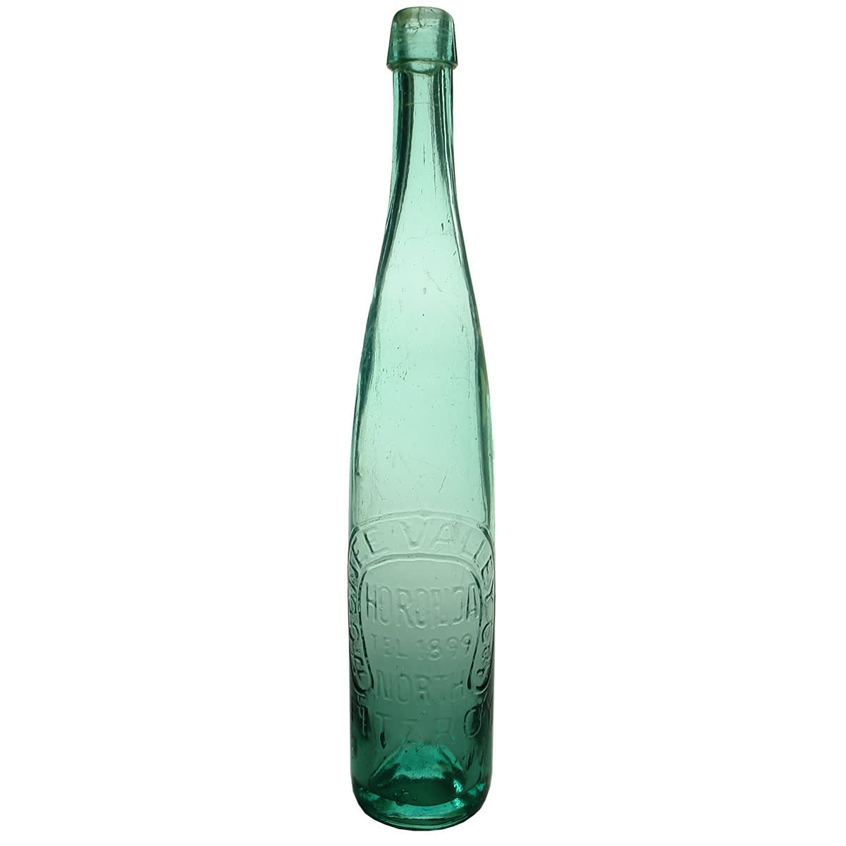 Tall Cork Stoppered Bottle. Moonee Valley Co, North Fitzroy. Horonda. Aqua. 26 oz. (Victoria)