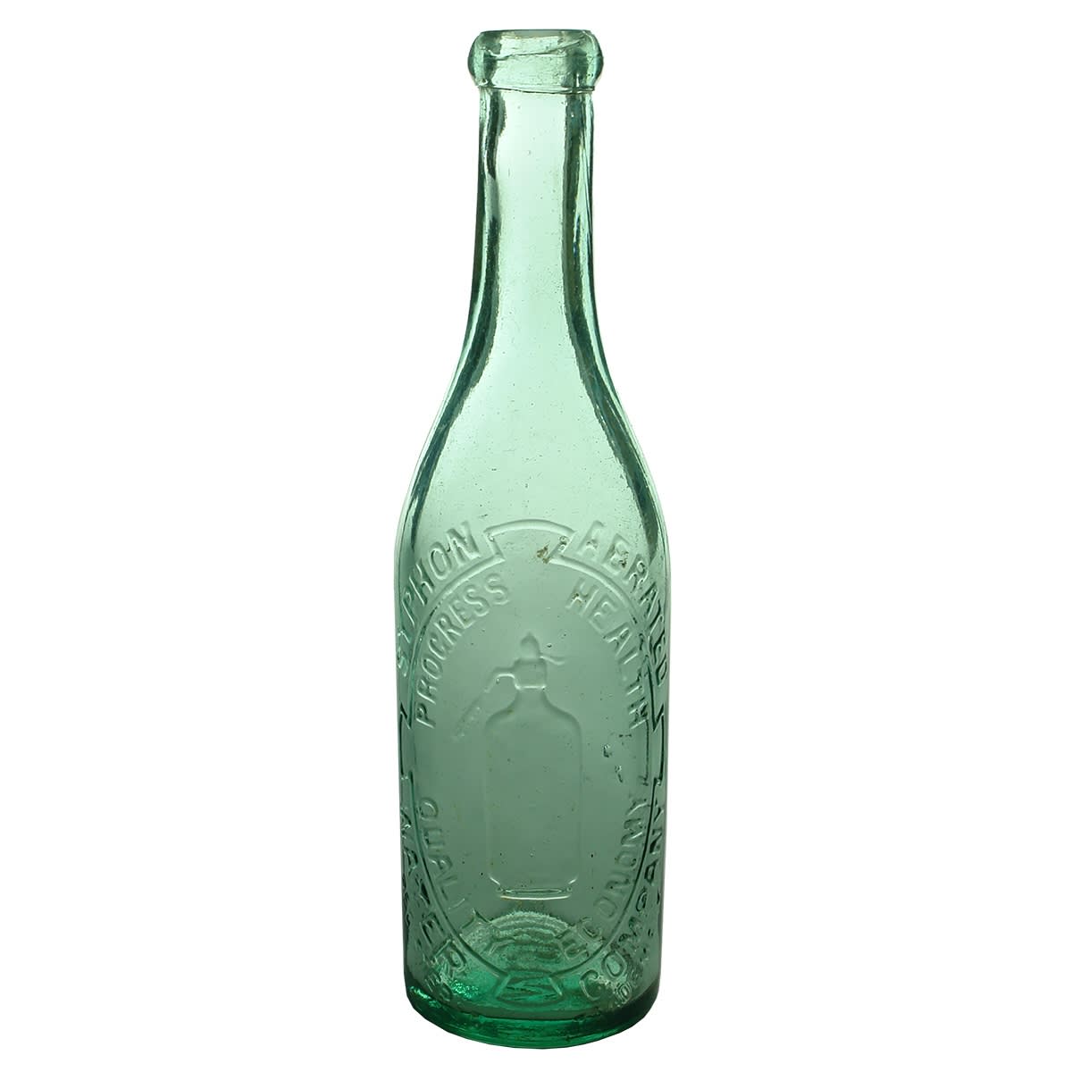 Blob top Soda. Syphon Aerated Water Company. Progress Health Quality Economy. Soda Syphon. Aqua. 10 oz. Botany Glass Works. (Sydney, New South Wales)
