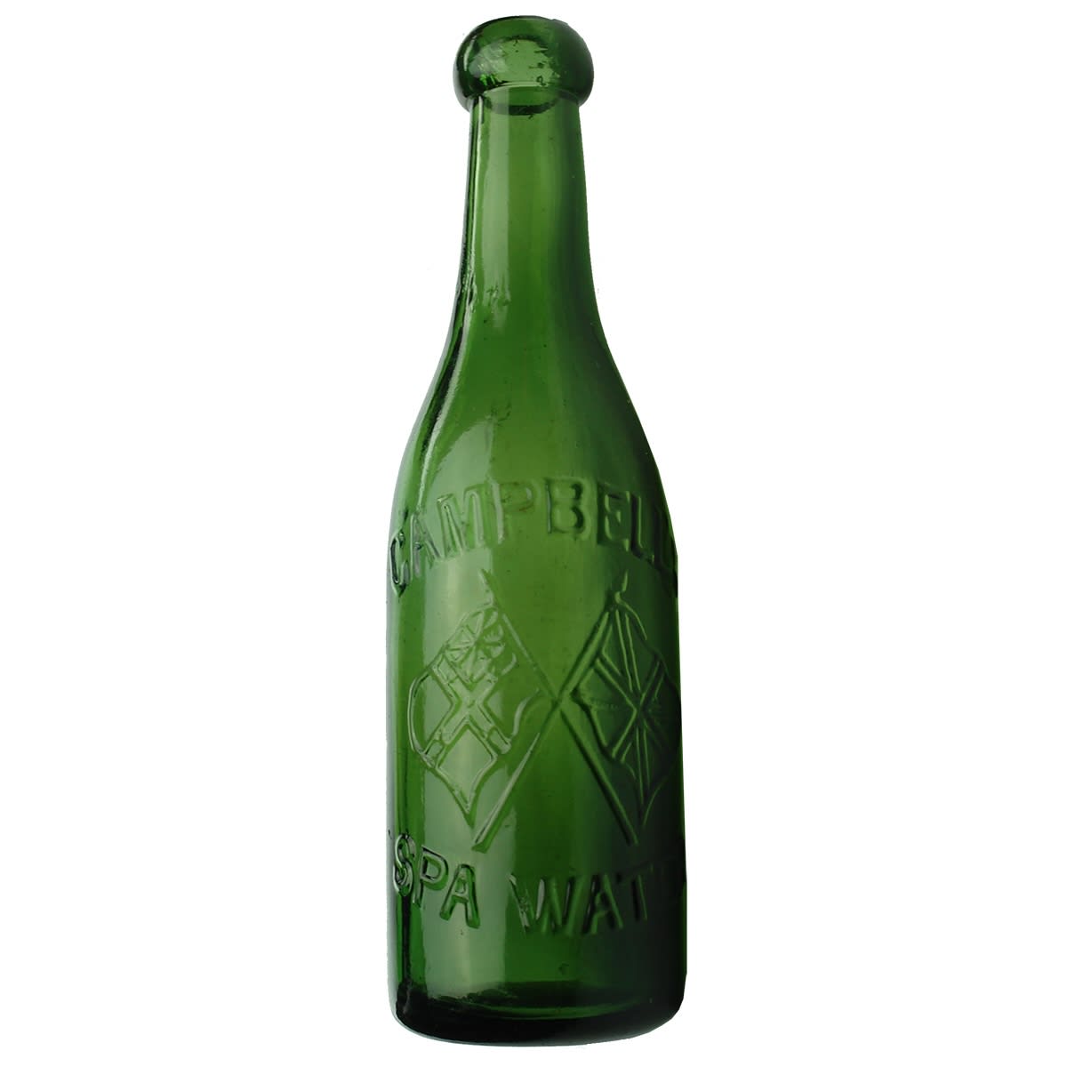 Blob top Soda. Campbell's Spa Water. Crossed Flags. Green. 6 oz. (Queensland)