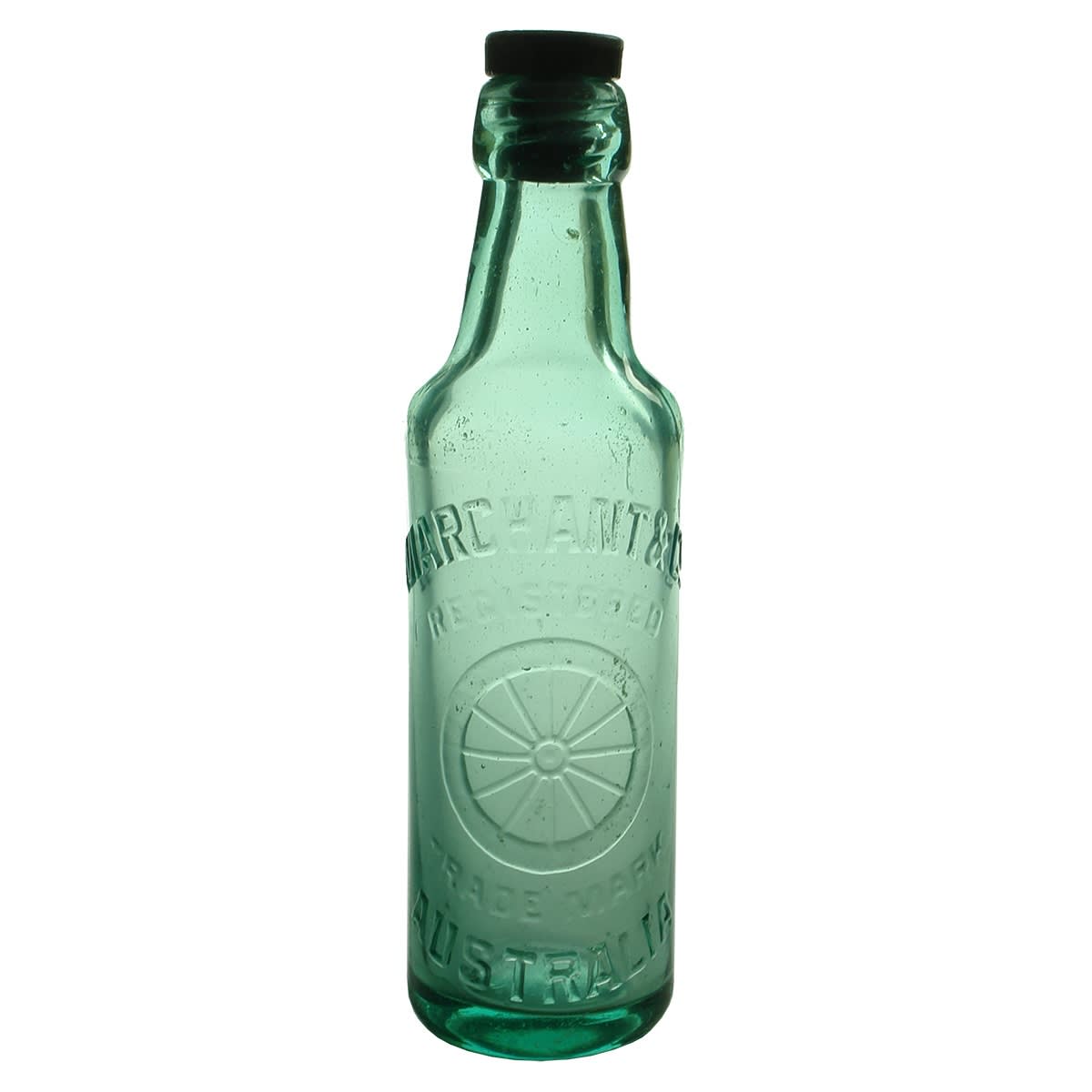 Internal Thread. Marchant & Co., Australia. Wheel trade mark. Aqua. 10 oz.