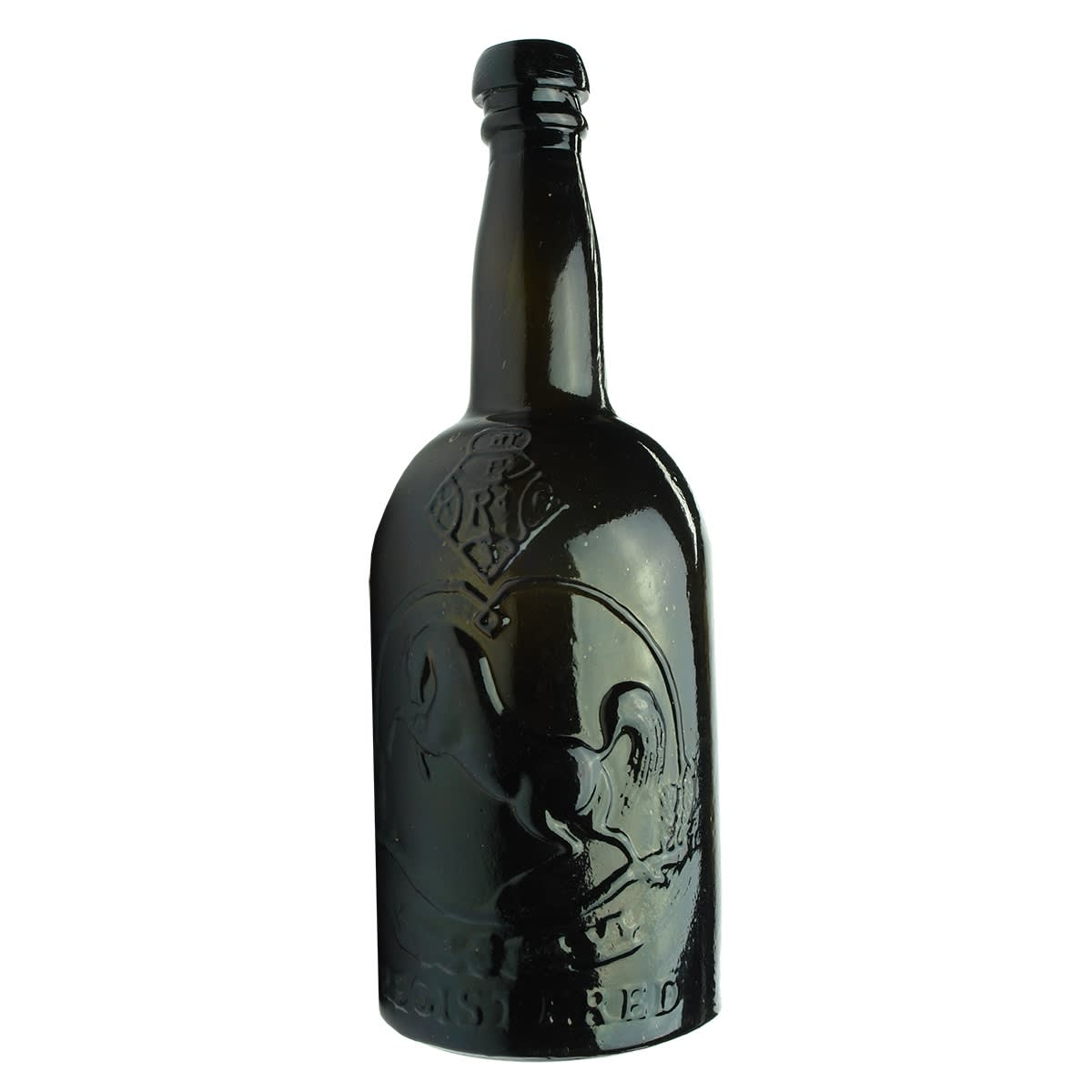 Beer. Black Horse Ale. Black Glass. Squat. 26 oz. Mushroom top. (Tooth & Co., Kent Brewery)