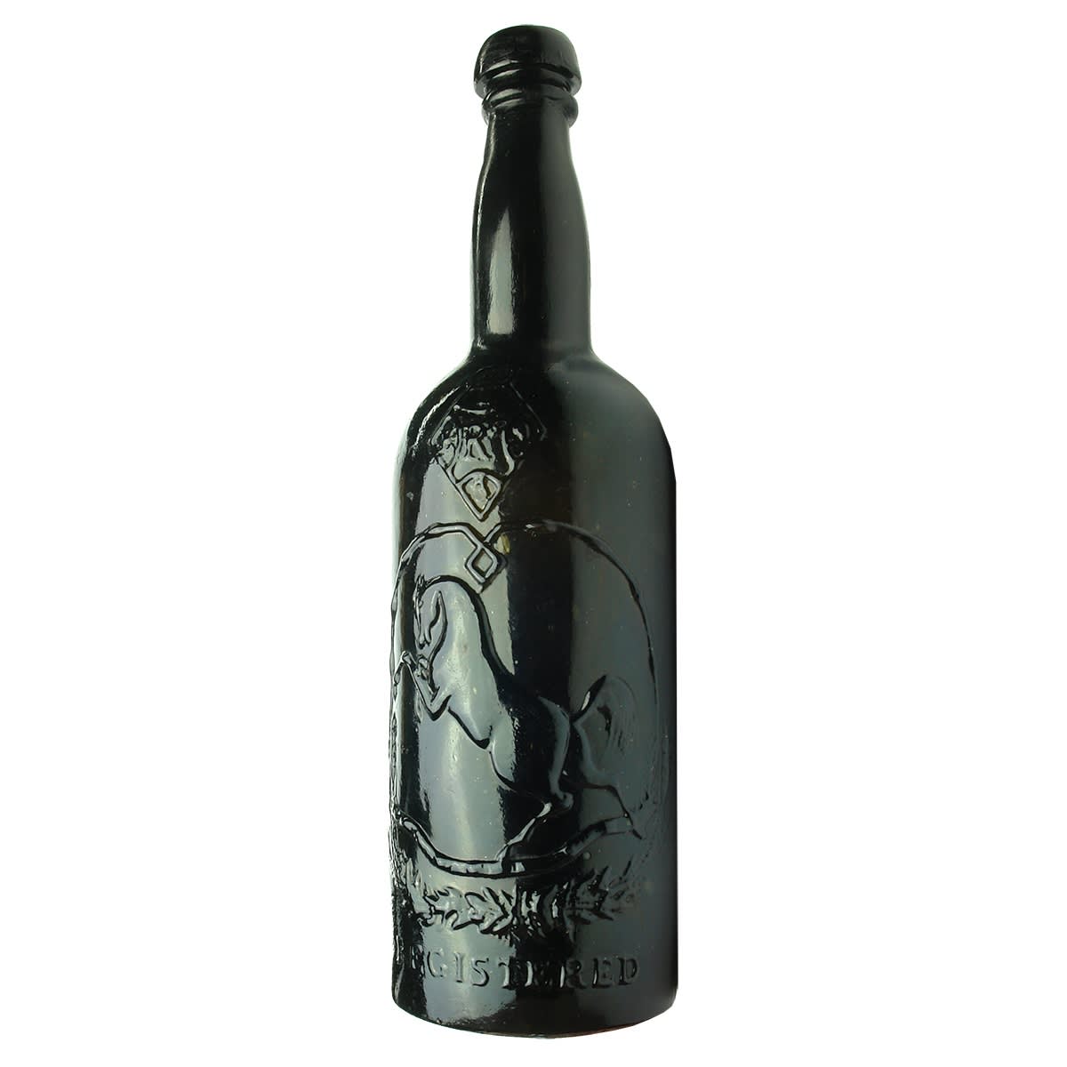 Beer. Black Horse Ale. Black Glass. Tall. 26 oz. Mushroom top. Repaired. (Tooth & Co., Kent Brewery, UK)